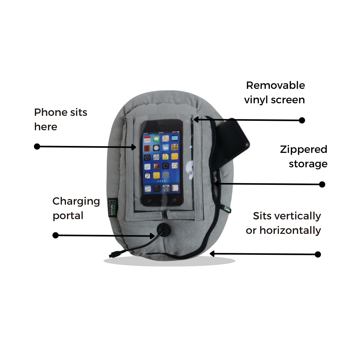 gray phone spud with arrows pointing to a list of features