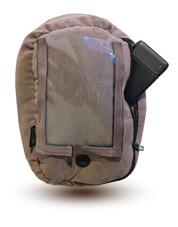 floating brown phonespud with a powerbank sticking out of the zippered side pocket on a transparent background