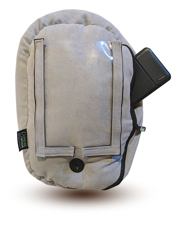 floating gray phonespud with a powerbank sticking out of the zippered side pocket on a transparent background