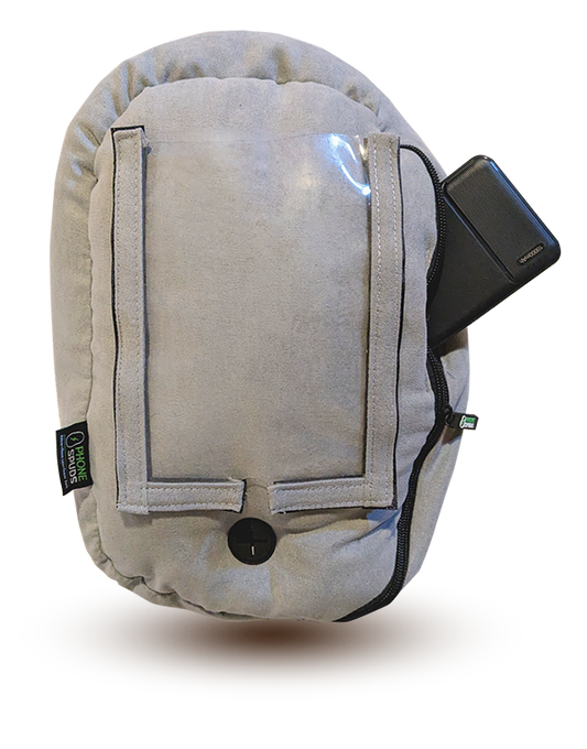 floating gray phonespud with a powerbank sticking out of the zippered side pocket on a transparent background