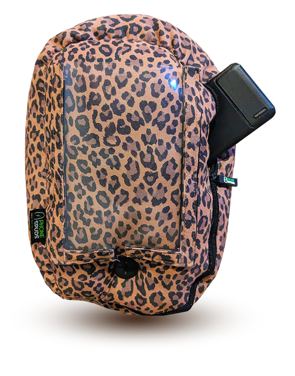 floating leopard print phonespud with a powerbank sticking out of the zippered side pocket on a transparent background