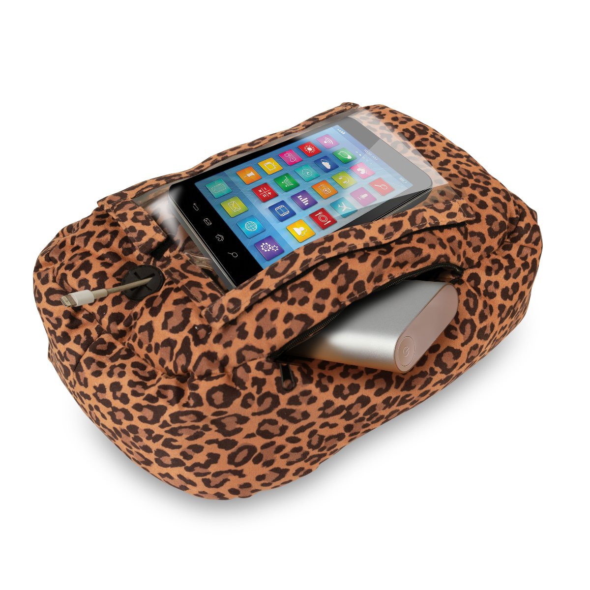leopard print potato phone pillow phone stand phone holder PhoneSpud comfortable smart phone cell phone use kids elderly eases hand strain carpal tunnel arthritis patients in the hospital travel pillow with power bank