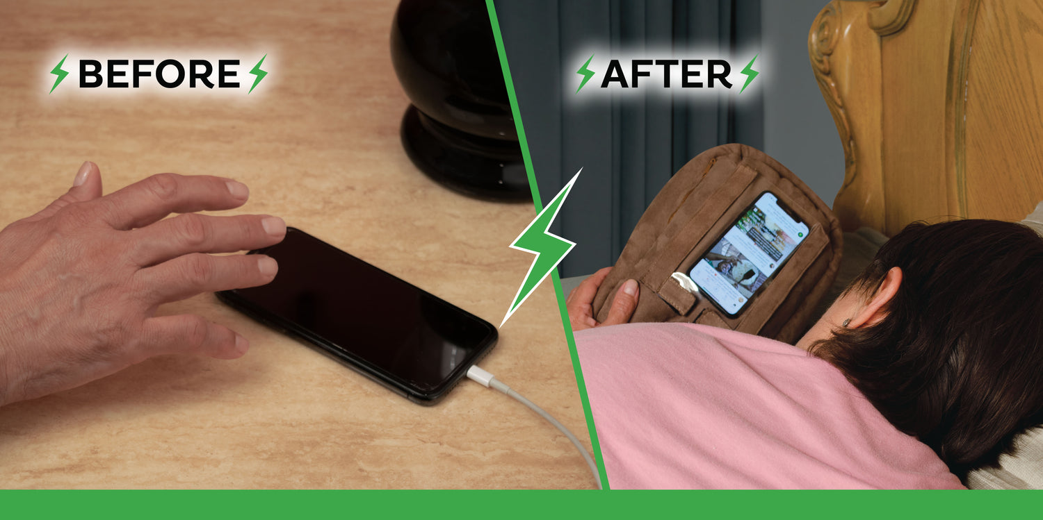 before image - hand reaching for plugged in phone. after image - person lying in bed with phone spud