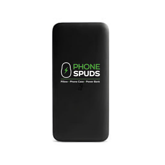 A black power bank with the 'PHONE SPUDS' brand logo in green and white on the front.