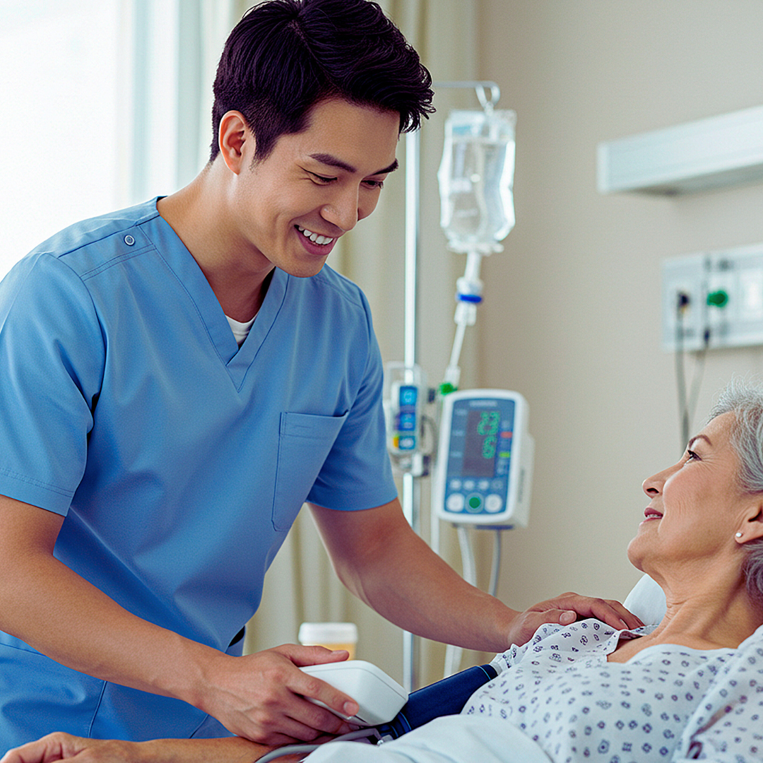 Nurse interacting with a patient in a hospital room