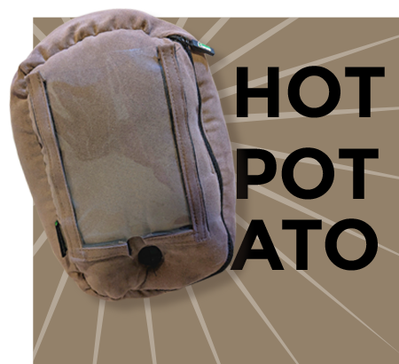 brown phone spud that says 'hot potato' on a brown background