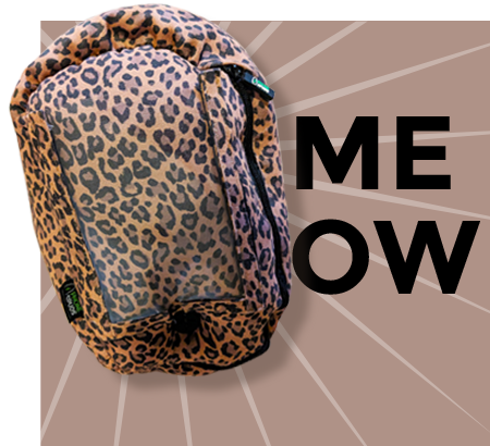 leopard print phone spud that says 'meow' on a beige background