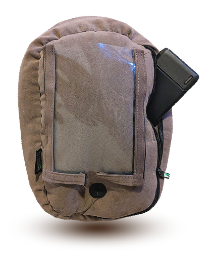 floating brown phonespud with a powerbank sticking out of the zippered side pocket on a transparent background