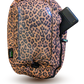 floating leopard print phonespud with a powerbank sticking out of the zippered side pocket on a transparent background