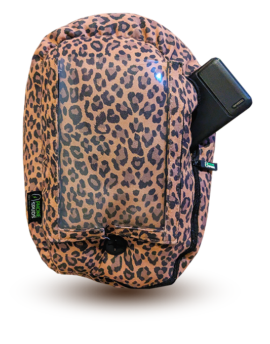 floating leopard print phonespud with a powerbank sticking out of the zippered side pocket on a transparent background