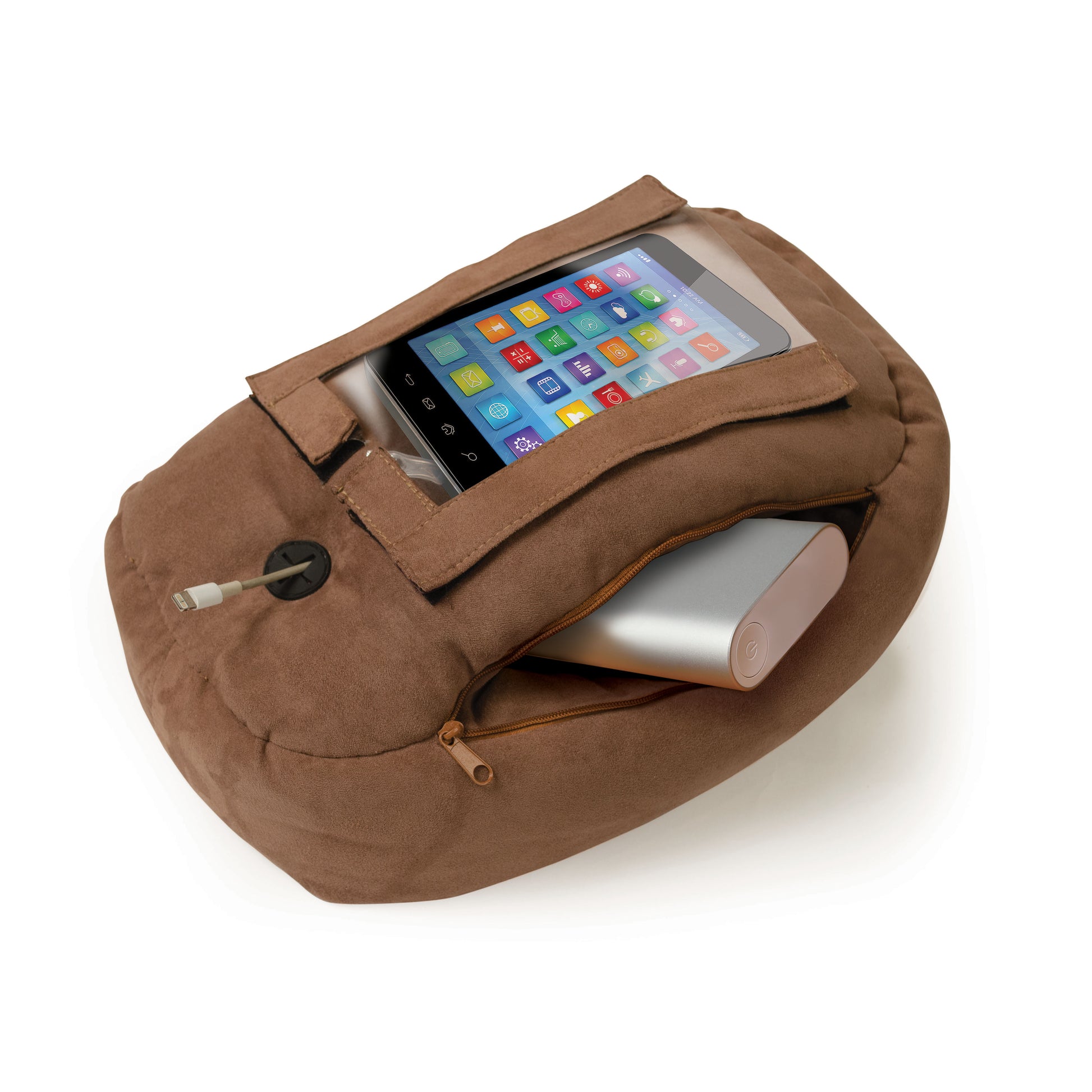 brown phone spud showing the power bank emerging from the zippered pocket